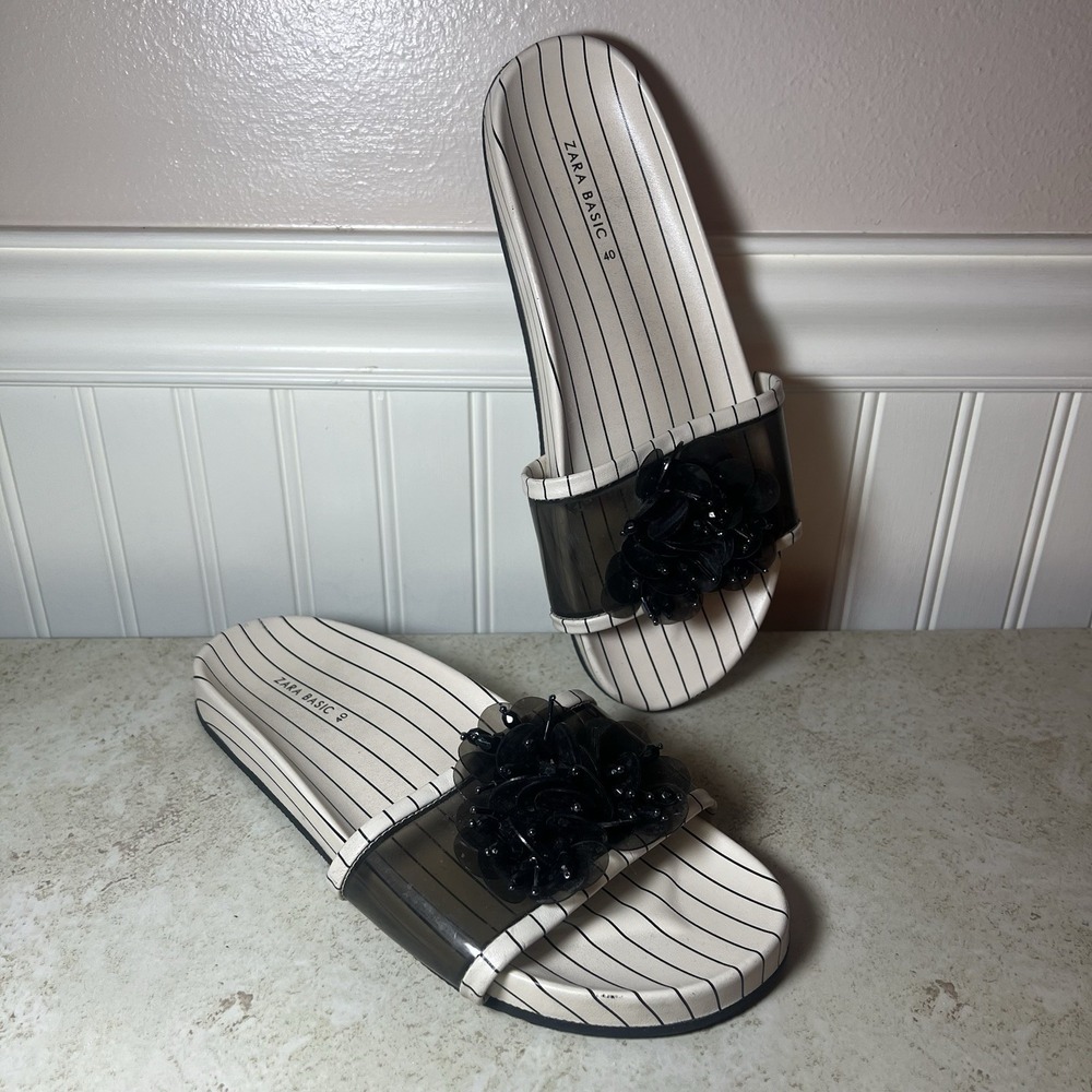 Zara Basic Pinstripe Slide Sandals Women's Size 40 US 9 Black White Floral Jelly